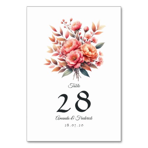Peach Fuzz Floral Wedding Table Number