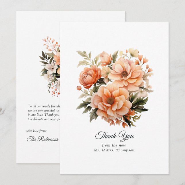 Peach Fuzz Floral Wedding Thank You Card (Front/Back)