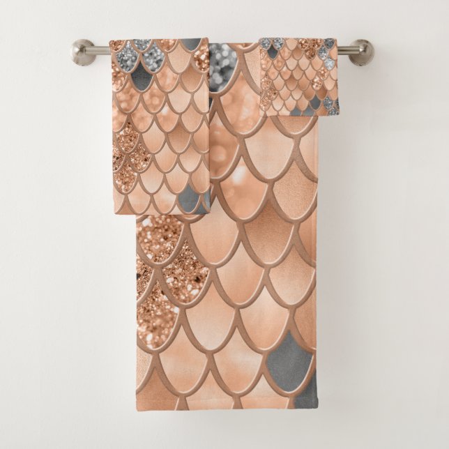 Peach Fuzz Gray Mermaid Scales Glam #1  Bath Towel Set (Insitu)