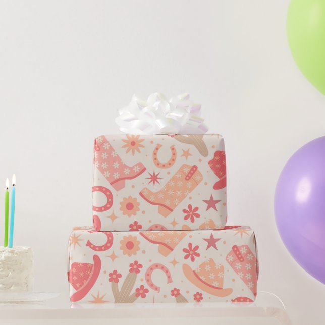 Peach Fuzz Groovy Cowgirl boots and hats Wrapping Paper (Party Gifts)