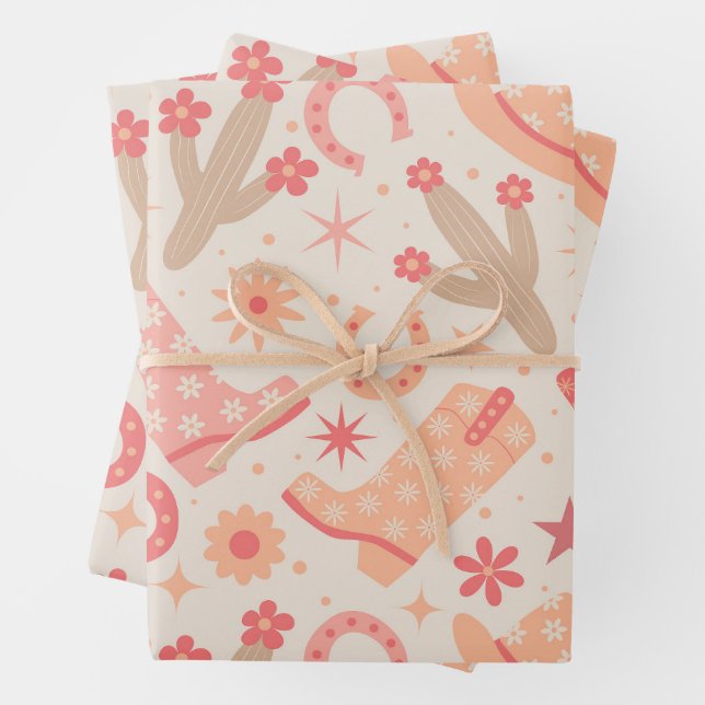 Peach Fuzz Groovy Cowgirl boots and hats Wrapping Paper Sheets (In situ)