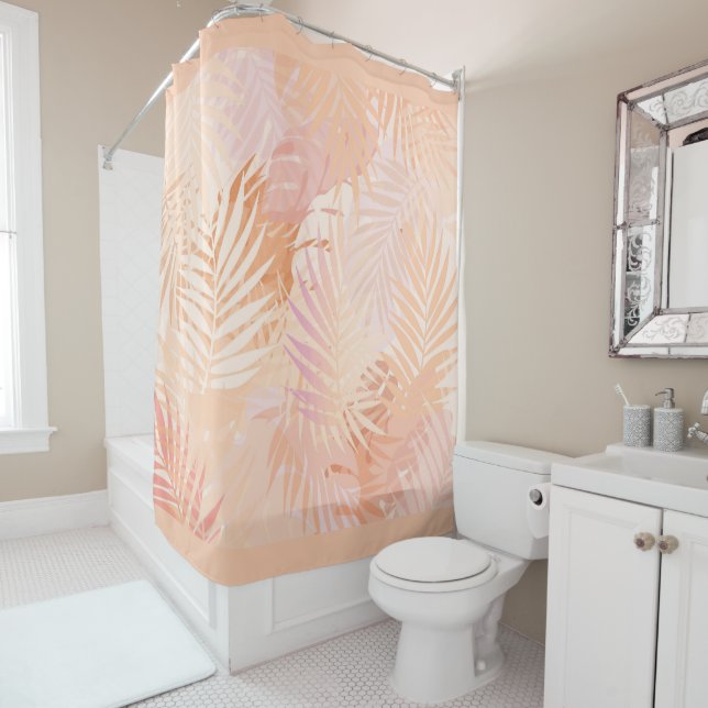 Peach Fuzz Minimalist Modern Tropical Leaves Shower Curtain (In Situ)