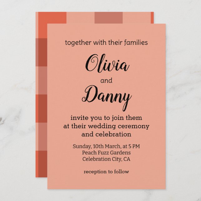 Peach Fuzz Orange Checkerboard Peach Fuzz Wedding Invitation (Front/Back)
