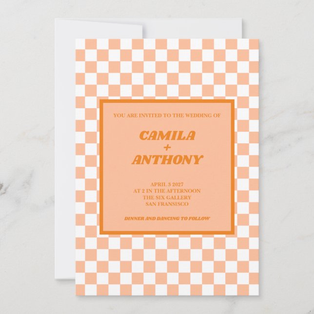 Peach Fuzz Orange Checkered Gingham Pattern  Invitation (Front)