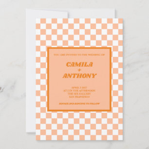 Peach Fuzz Orange Checkered Gingham Pattern Invitation