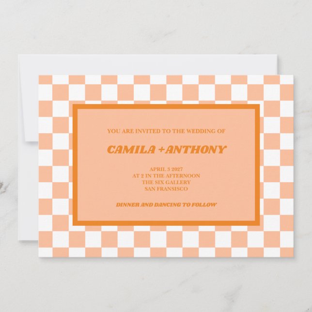 Peach Fuzz Orange Checkered Gingham Pattern Invitation (Front)