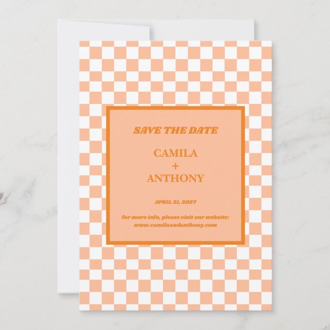 Peach Fuzz Orange Checkered Gingham Pattern Save The Date (Front)
