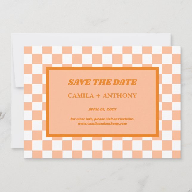 Peach Fuzz Orange Checkered Gingham Pattern Save The Date (Front)