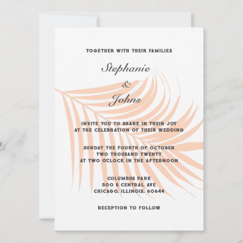 Peach Fuzz Palm Tree Tropical Leaf Classy Wedding Invitation