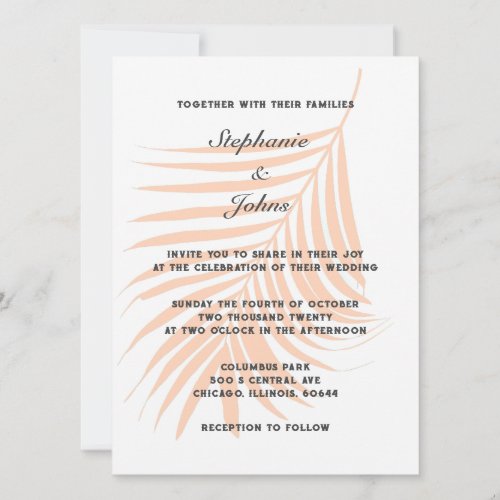 Peach Fuzz Palm Tree Tropical Leaf Elegant Wedding Invitation
