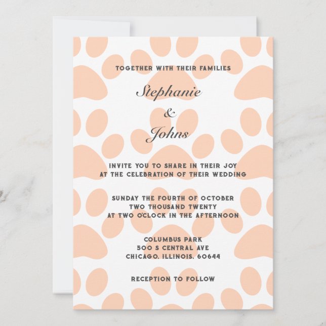 Peach Fuzz Paw Prints Pattern Cute Funny Wedding Invitation (Front)
