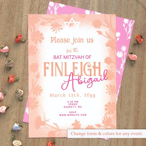 Peach Fuzz Pink Wild Flowers Bat Mitzvah Invitation