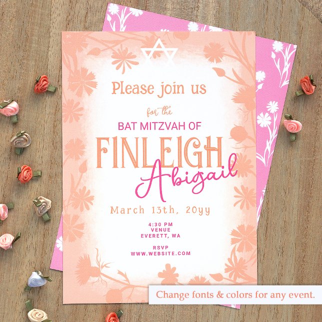 Peach Fuzz, Pink Wild Flowers Bat Mitzvah Invitation (Peach, Pink Bat Mitzvah Invitation with Floral Border, Chic Wild Flower Design)