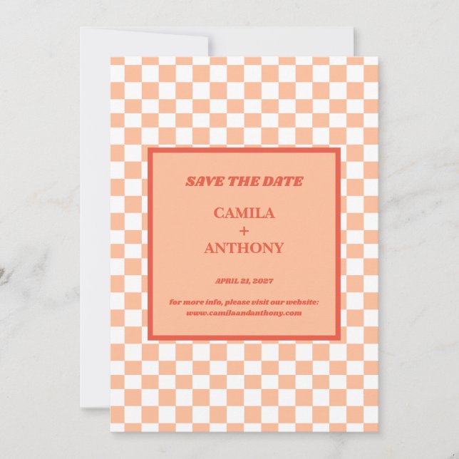 Peach Fuzz Red Checkered Gingham Pattern Save The Date (Front)