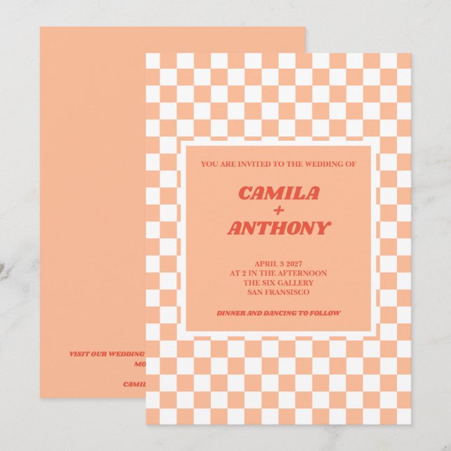 Peach Fuzz Red Checkered Gingham Pattern Wedding Invitation (Front/Back)
