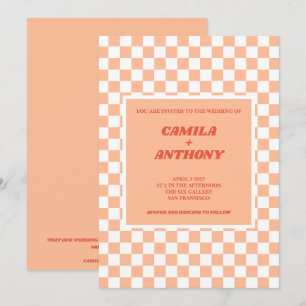 Peach Fuzz Red Checkered Gingham Pattern Wedding Invitation
