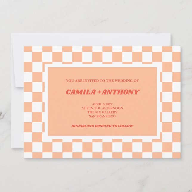 Peach Fuzz Red Checkered Gingham Pattern Wedding Invitation (Front)
