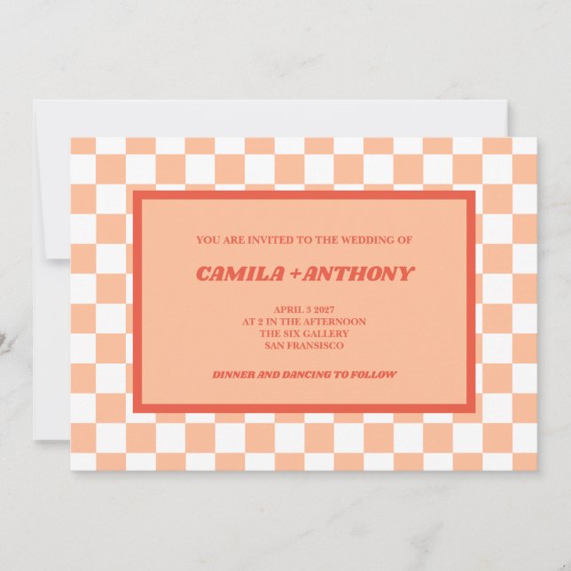 Peach Fuzz Red Checkered Gingham Pattern Wedding Invitation (Front)