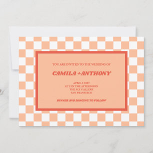 Peach Fuzz Red Checkered Gingham Pattern Wedding Invitation