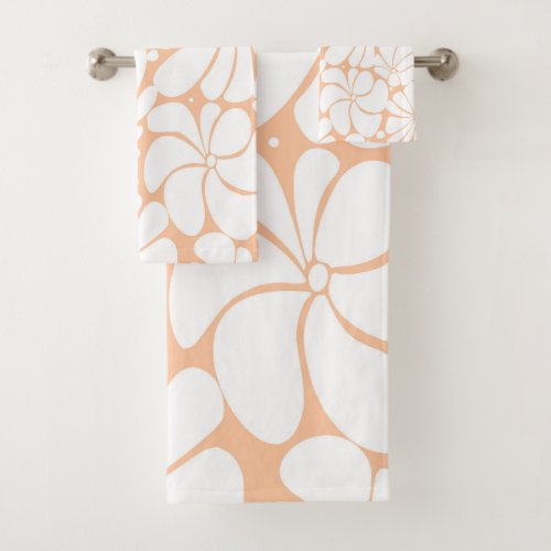 Peach Fuzz Retro 70s White Flower Graphic Design Bath Towel Set