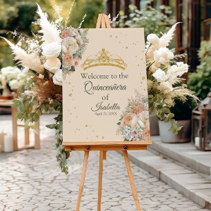 Peach Fuzz Rose and Gold Tiara Quinceanera Welcome Foam Board