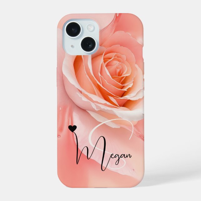Peach Fuzz Rose Background Monogram Name Heart Iphone Case (Back)