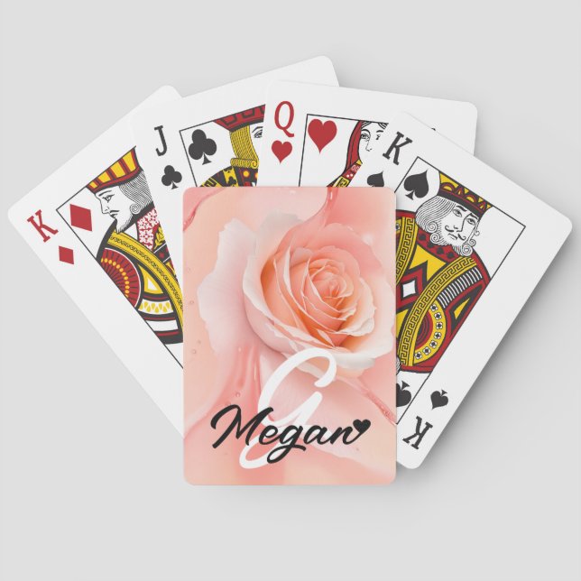 Peach Fuzz Rose Background Monogram Name Heart Poker Cards (Back)