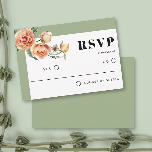 Peach fuzz rose flowers sage green floral wedding RSVP card