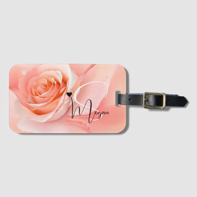 Peach Fuzz Rose Monogram Name Luggage Tag (Front Horizontal)