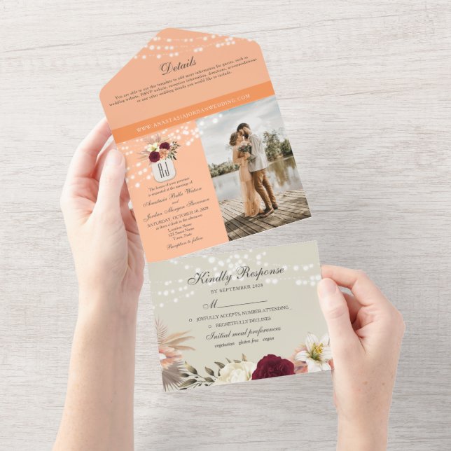 Peach Fuzz Rustic String Lights Wedding All In One Invitation (Tearaway)
