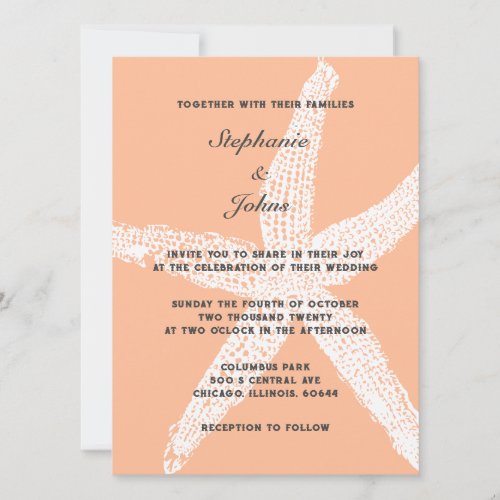 Peach Fuzz Starfish White Tropical Beach Wedding Invitation