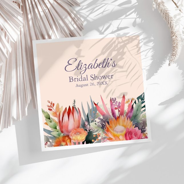 Peach Fuzz Tropical Flowers Bridal Shower Napkins (Peach Fuzz Tropical Flowers Bridal Shower Napkins on a sunny white table with dry palm leaf.)