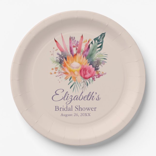 Peach Fuzz Tropical Flowers Bridal Shower Paper Plates (Front)