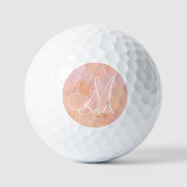 Peach Fuzz Tropical Leaves Personalized Monogram  Golf Balls (Front)