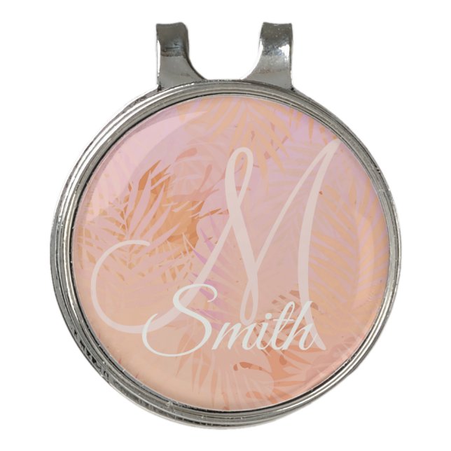 Peach Fuzz Tropical Leaves Personalized Monogram  Golf Hat Clip (Front)