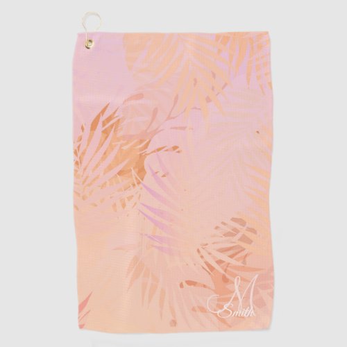 Peach Fuzz Tropical Leaves Personalized Monogram  Golf Towel