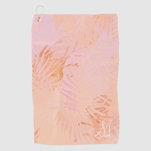 Peach Fuzz Tropical Leaves Personalized Monogram  Golf Towel (Front)