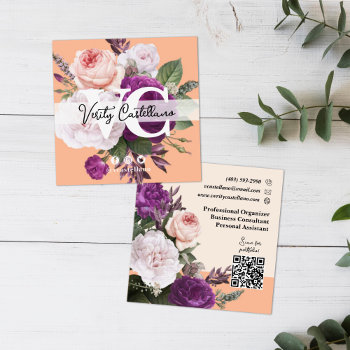 Peach Fuzz Vintage Roses Floral Simple Personal Square Business Card by CyanSkyDesign at Zazzle