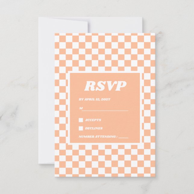 Peach Fuzz White Checkered Gingham Pattern RSVP Card (Front)