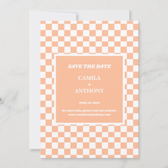 Peach Fuzz White Checkered Gingham Pattern Save The Date (Front)