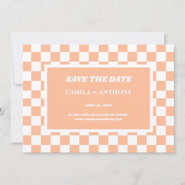 Peach Fuzz White Checkered Gingham Pattern Save The Date (Front)
