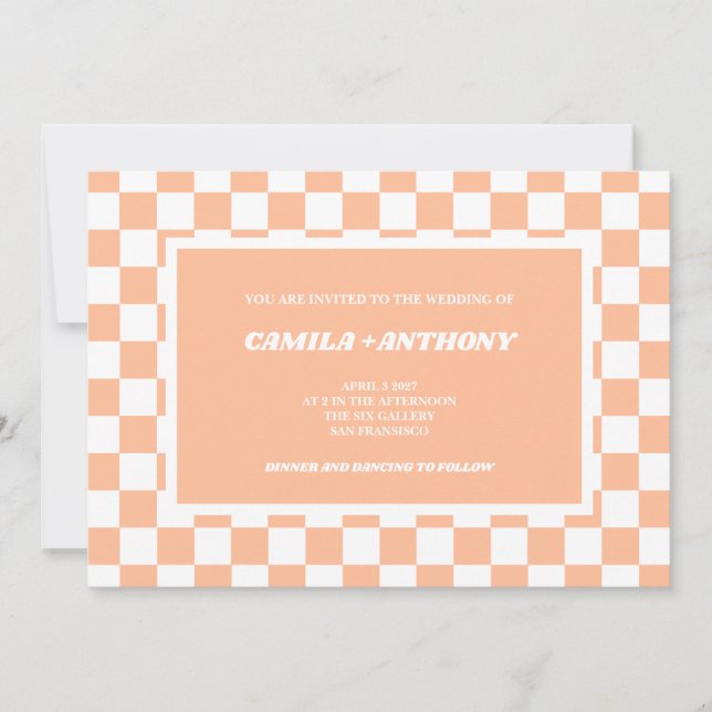 Peach Fuzz White Checkered Gingham Pattern Wedding Invitation (Front)
