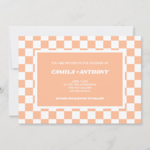 Peach Fuzz White Checkered Gingham Pattern Wedding Invitation