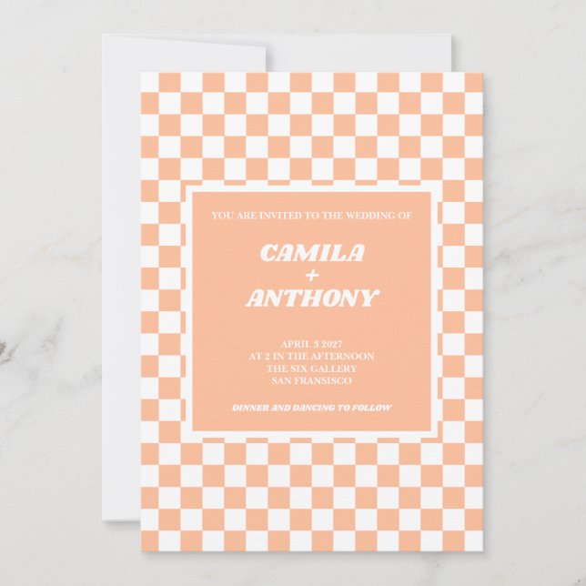 Peach Fuzz White Checkered Gingham Pattern Wedding Invitation (Front)