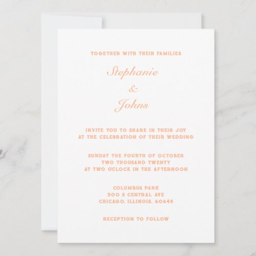 Peach Fuzz White Elegant Simple Minimal Wedding Invitation