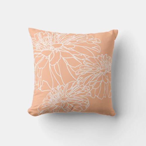 Peach fuzz white orange floral line drawing  throw pillow