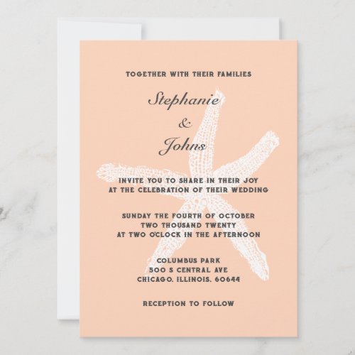 Peach Fuzz White Starfish Tropical Beach Wedding Invitation