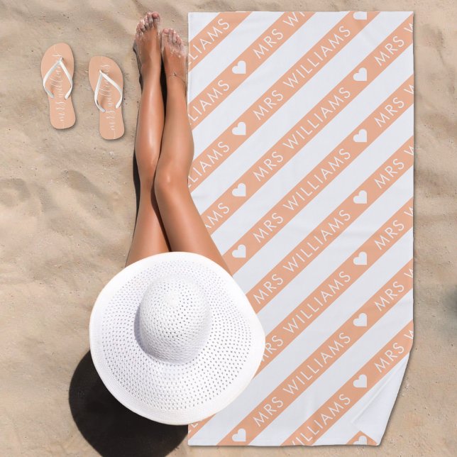 Peach Fuzz White Striped Pattern Mrs Bride Wedding Beach Towel (Peach Fuzz White Striped Pattern Mrs Bride Wedding Beach Towel)
