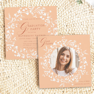 Peach Fuzz White Wildflower Wreath Graduation Invitation