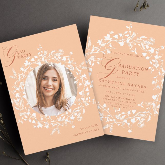 Peach Fuzz White Wildflower Wreath Graduation Invitation (Front & Back)
